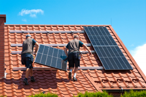 Two,Men,Installing,New,Solar,Panels,On,The,Roof,Of